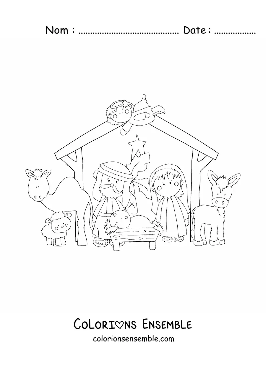 Coloriage de la naissance de l'enfant Jésus dans la mangeoire