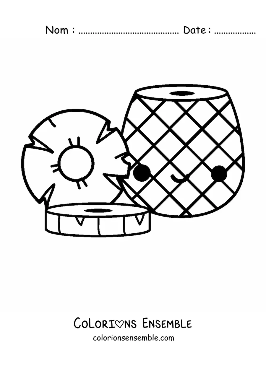 Image à colorier d'un ananas kawaii coupé en tranches