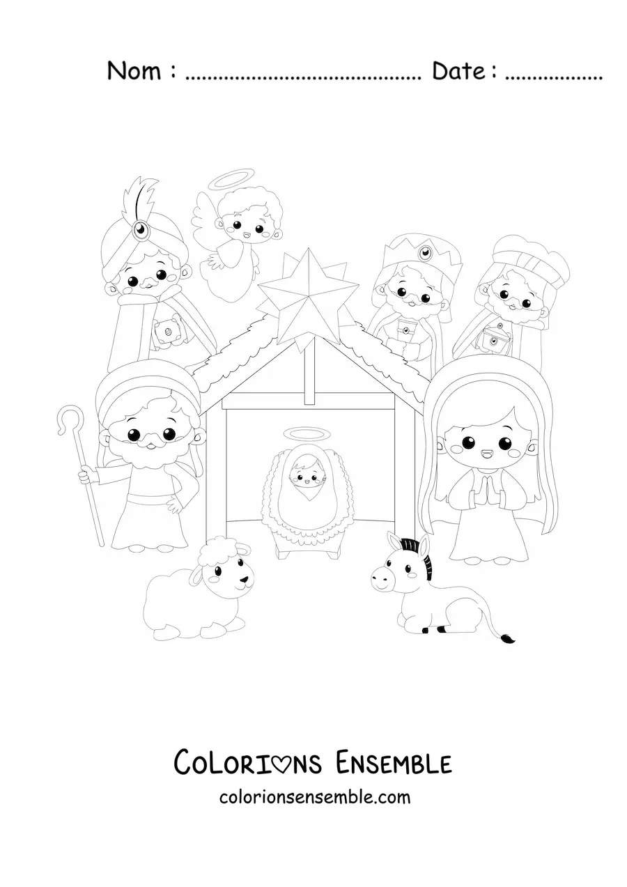 Coloriage d'une crèche de Noël kawaii avec les rois mages