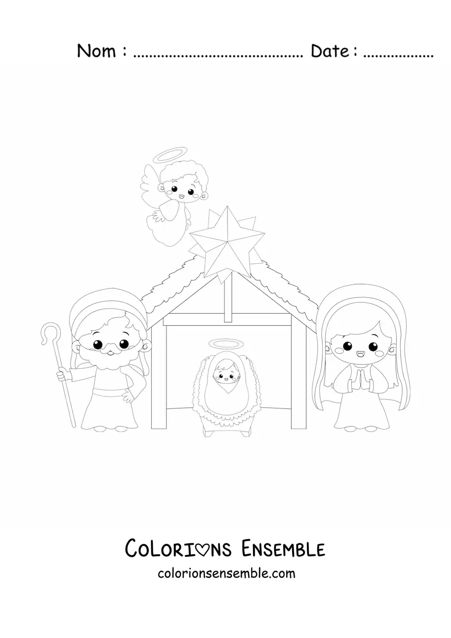 Coloriage d'une crèche de Noël kawaii
