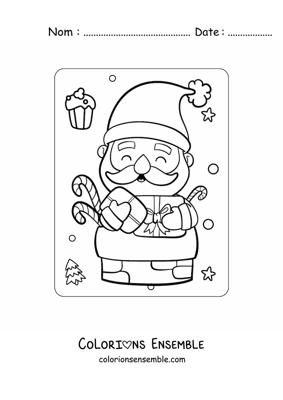 Coloriage du Père Noël kawaii dans la cheminée avec des cadeaux