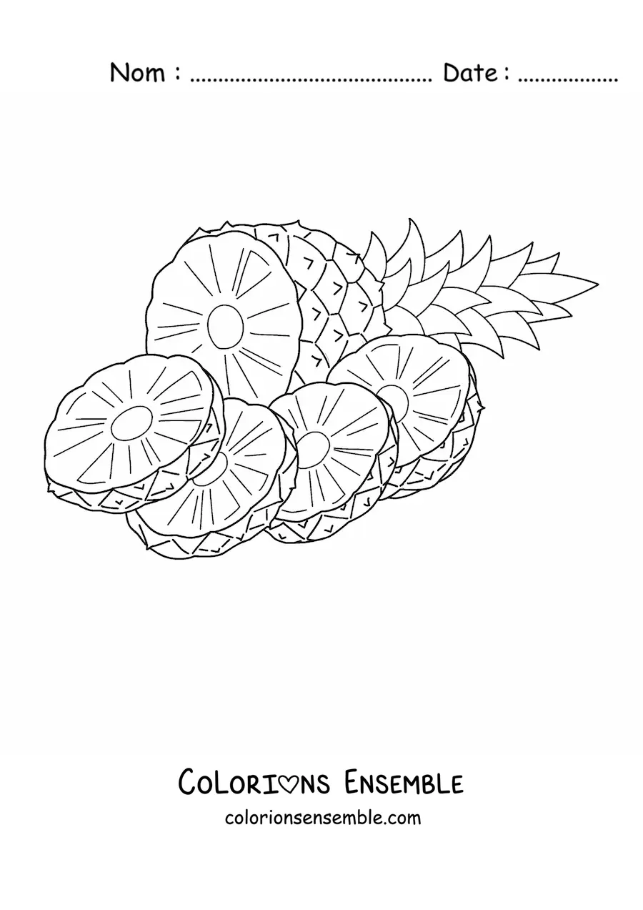 Image à colorier d'un ananas coupé en quatre morceaux