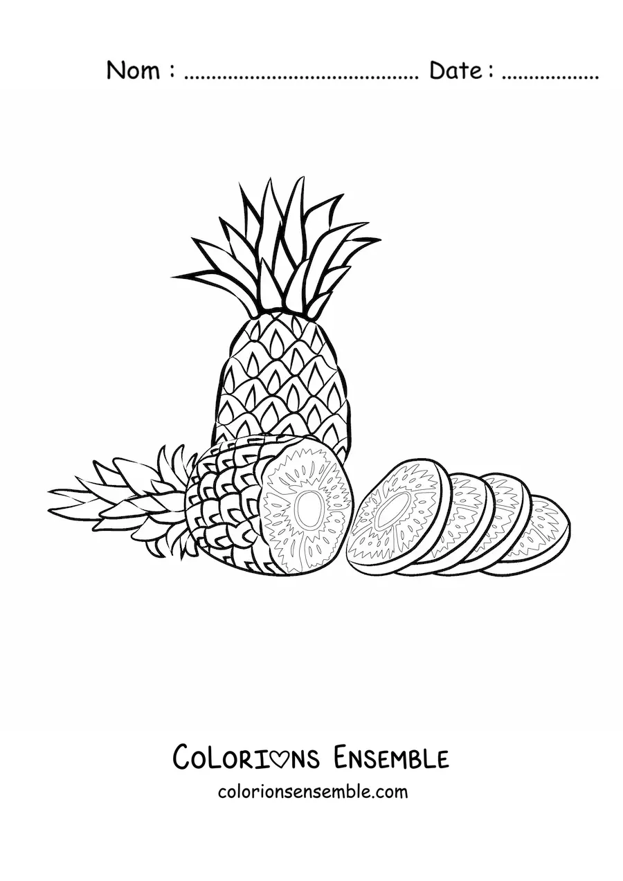 Image à colorier d'un ananas coupé en morceaux avec un autre ananas derrière