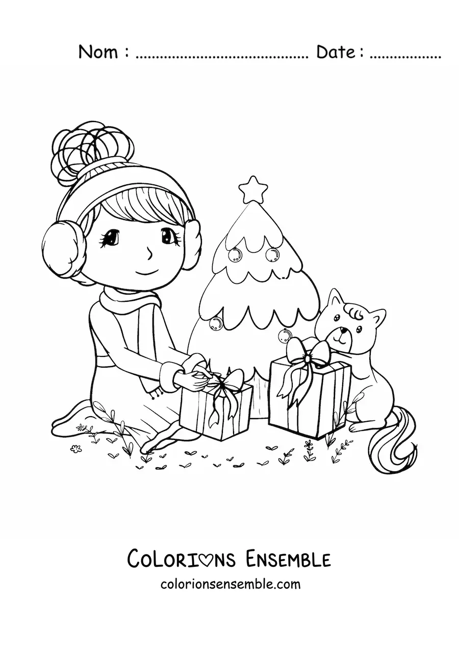 Image à colorier d'une fille et son chat kawaii ouvrant des cadeaux à Noël