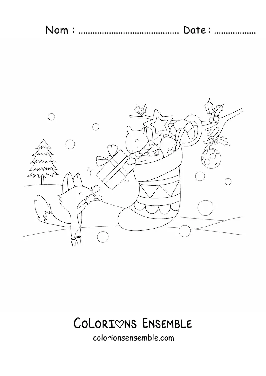 Image à colorier d'un écureuil et d'un renard kawaii avec une chaussette de Noël