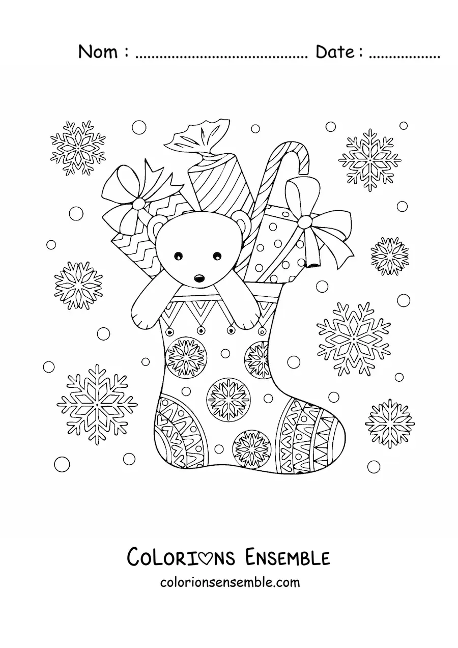 Image à colorier d'une botte de Noël avec des cadeaux et un ours en peluche