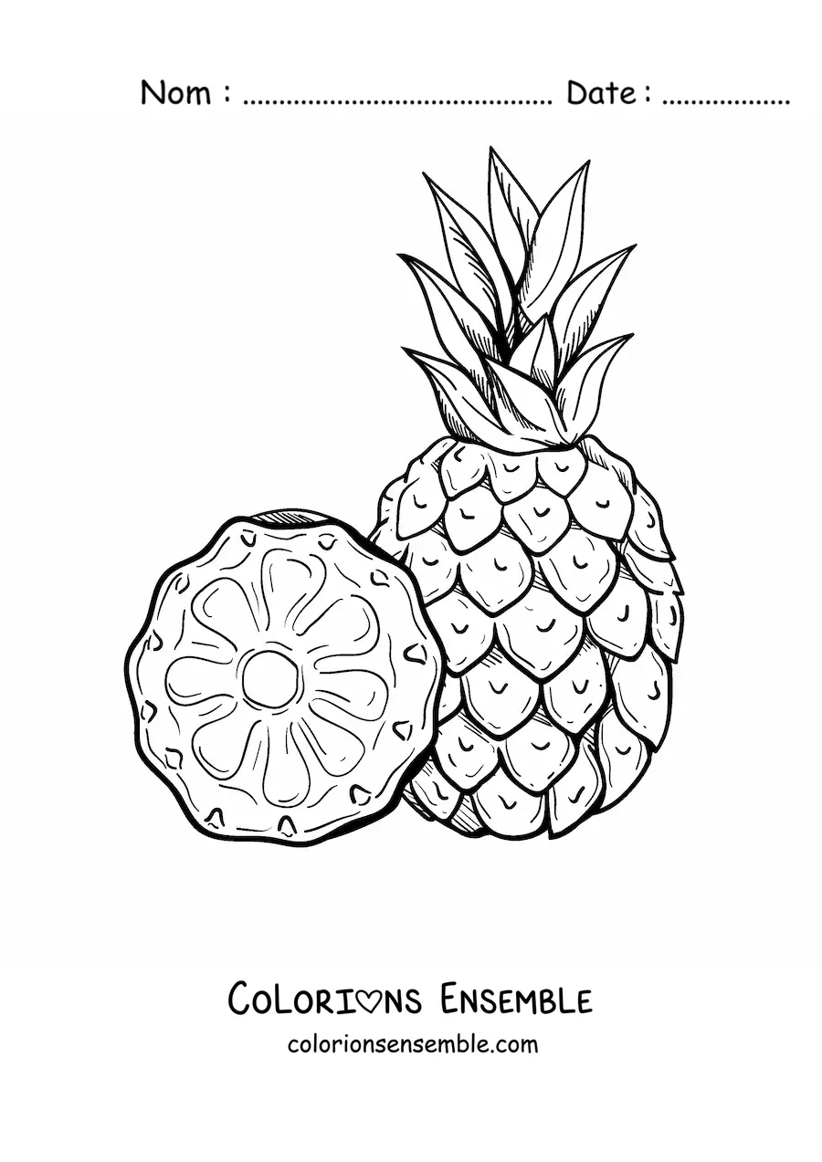 Image à colorier d'un ananas avec une tranche à côté