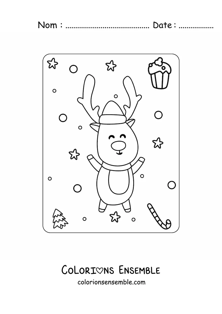 Image à colorier d'un renne de Noël animé avec un bonnet