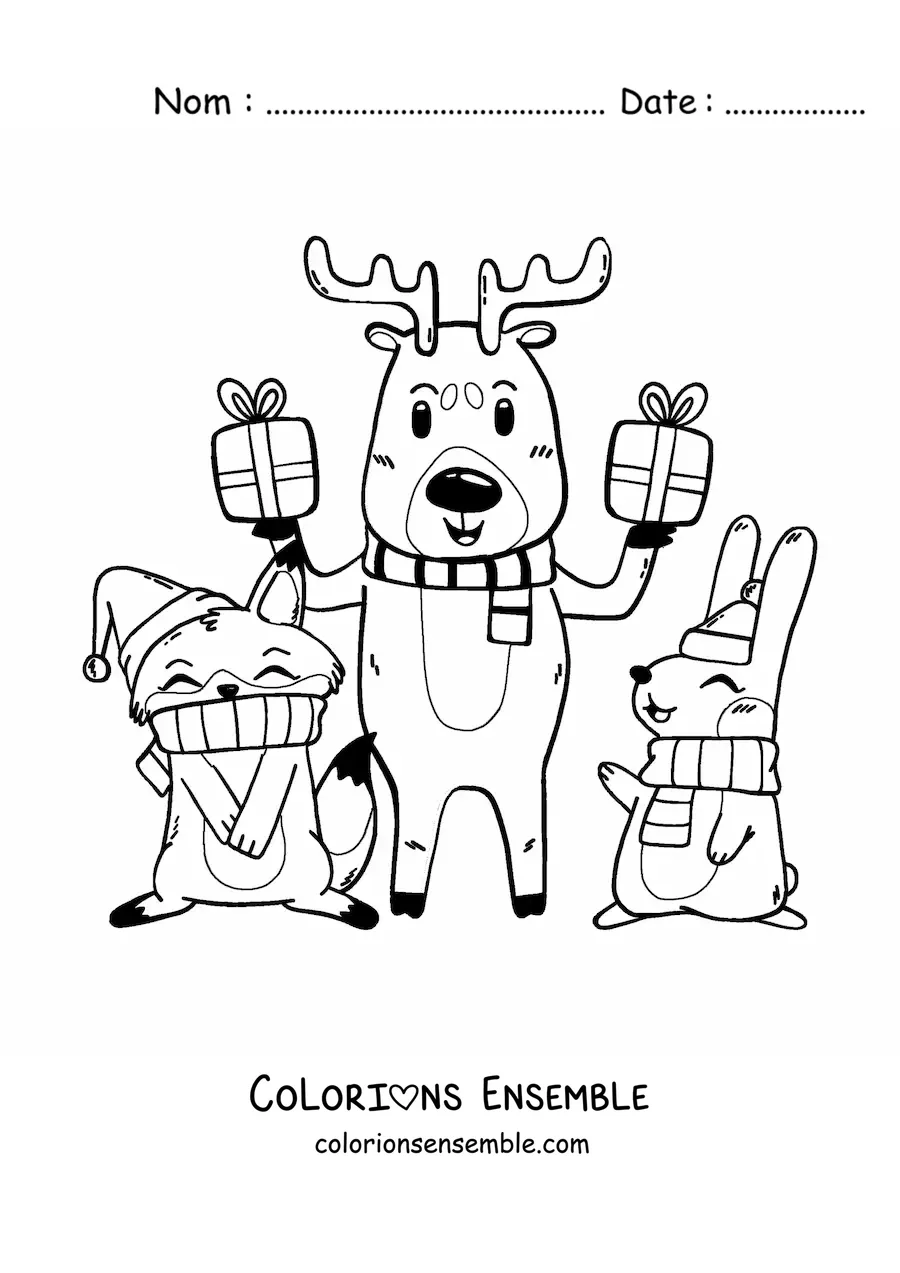 Image à colorier d'un renne de Noël avec des animaux kawaii et des cadeaux