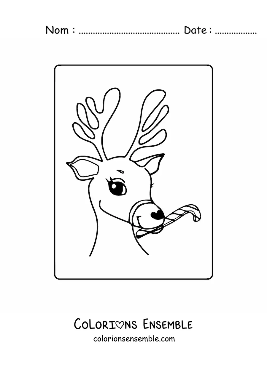 Image à colorier d'un cerf de Noël avec une canne en sucre