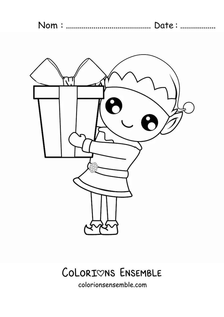 Image à colorier d'un elfe de Noël avec un cadeau