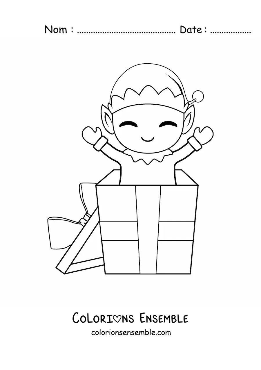 Image à colorier d'un elfe de Noël assis sur un cadeau