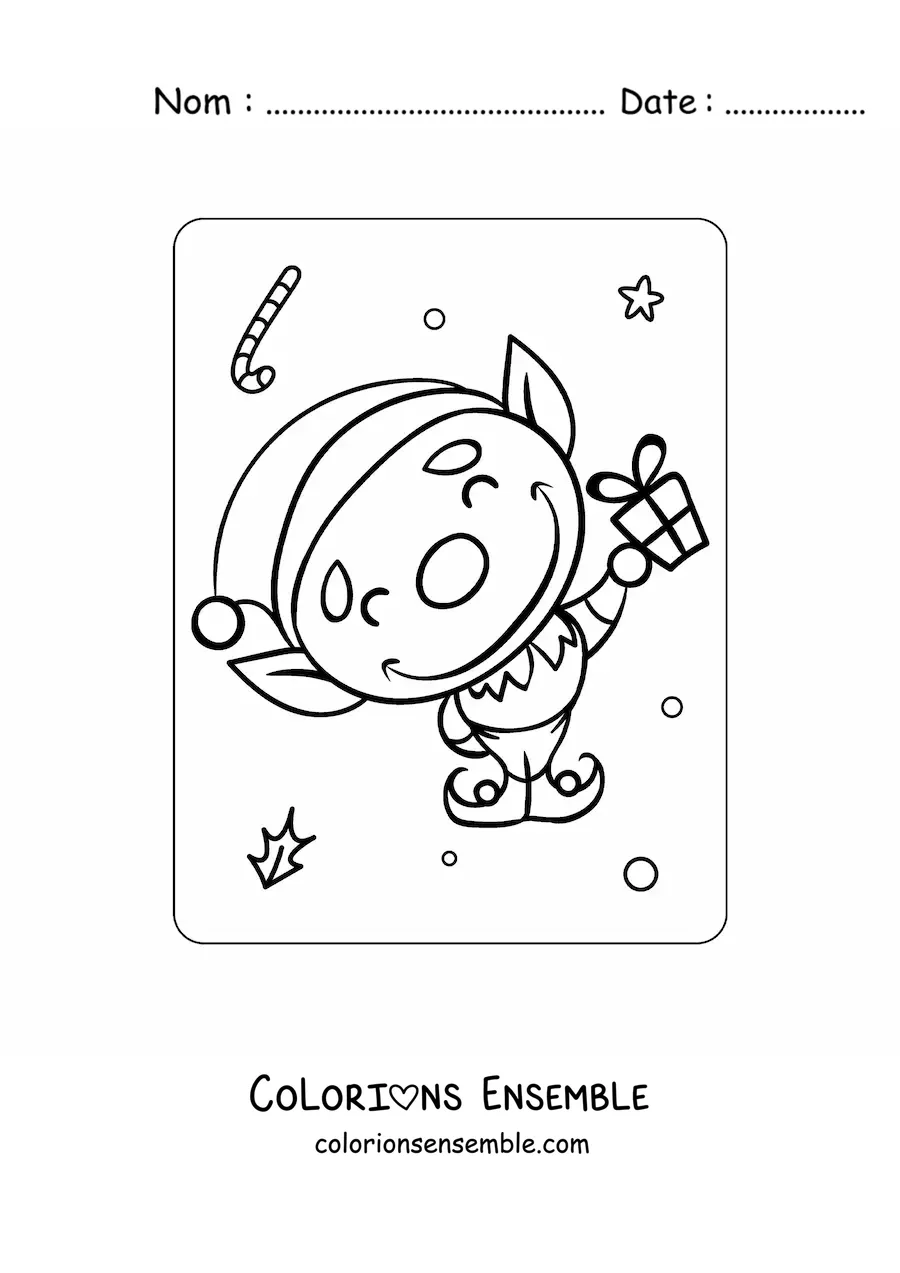 Image à colorier d'un elfe de Noël animé avec un cadeau
