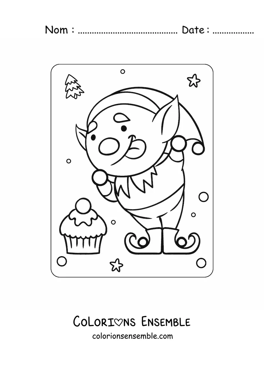 Image à colorier d'un elfe de Noël animé avec un bonbon