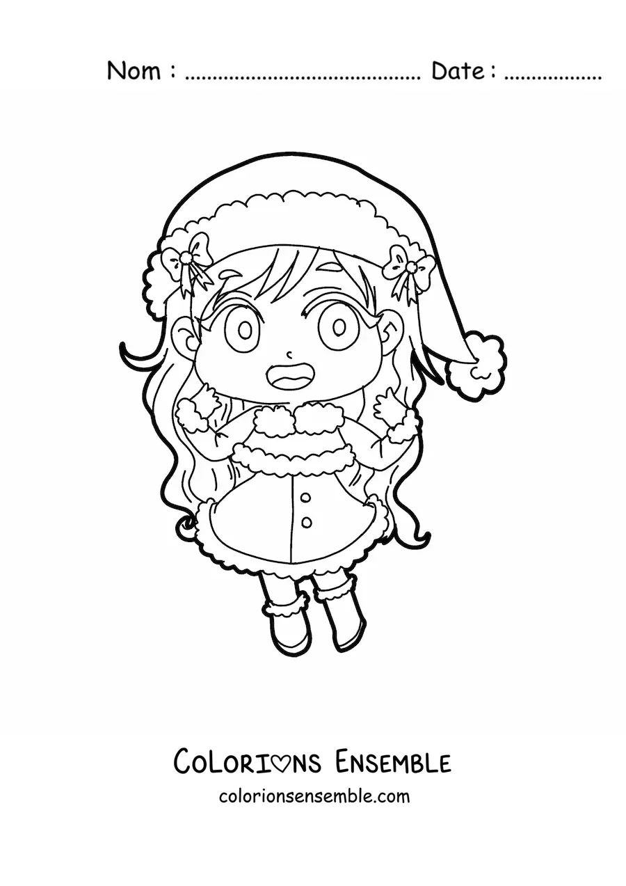 Image à colorier d'une fille kawaii en robe de Noël, style anime