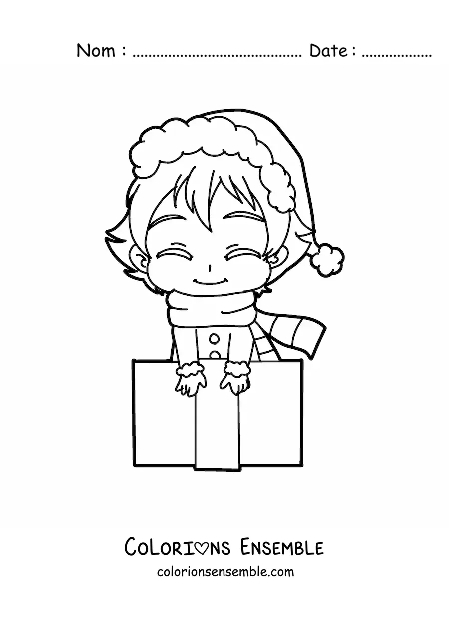Image à colorier d'une fille kawaii avec un cadeau de Noël, style anime