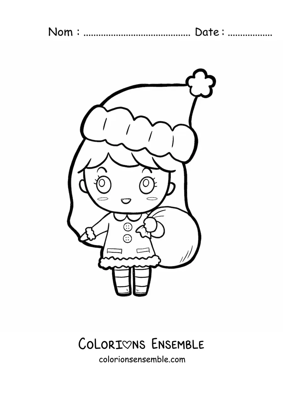 Image à colorier d'une fille kawaii avec un bonnet de Noël et une hotte de cadeaux