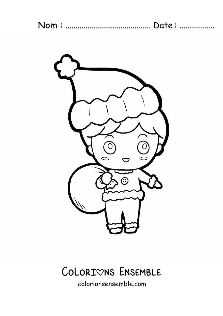 Image à colorier d'un garçon kawaii avec un bonnet de Noël et une hotte de cadeaux
