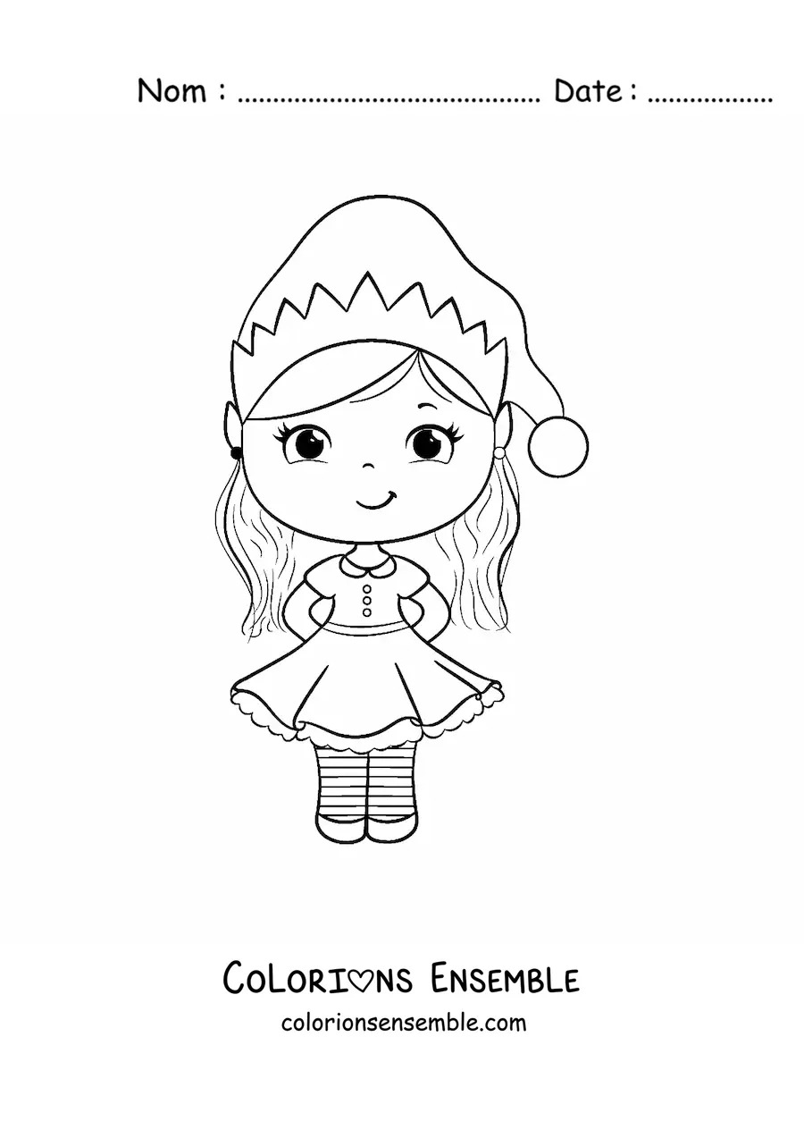 Image à colorier d'une fille kawaii en robe de Noël