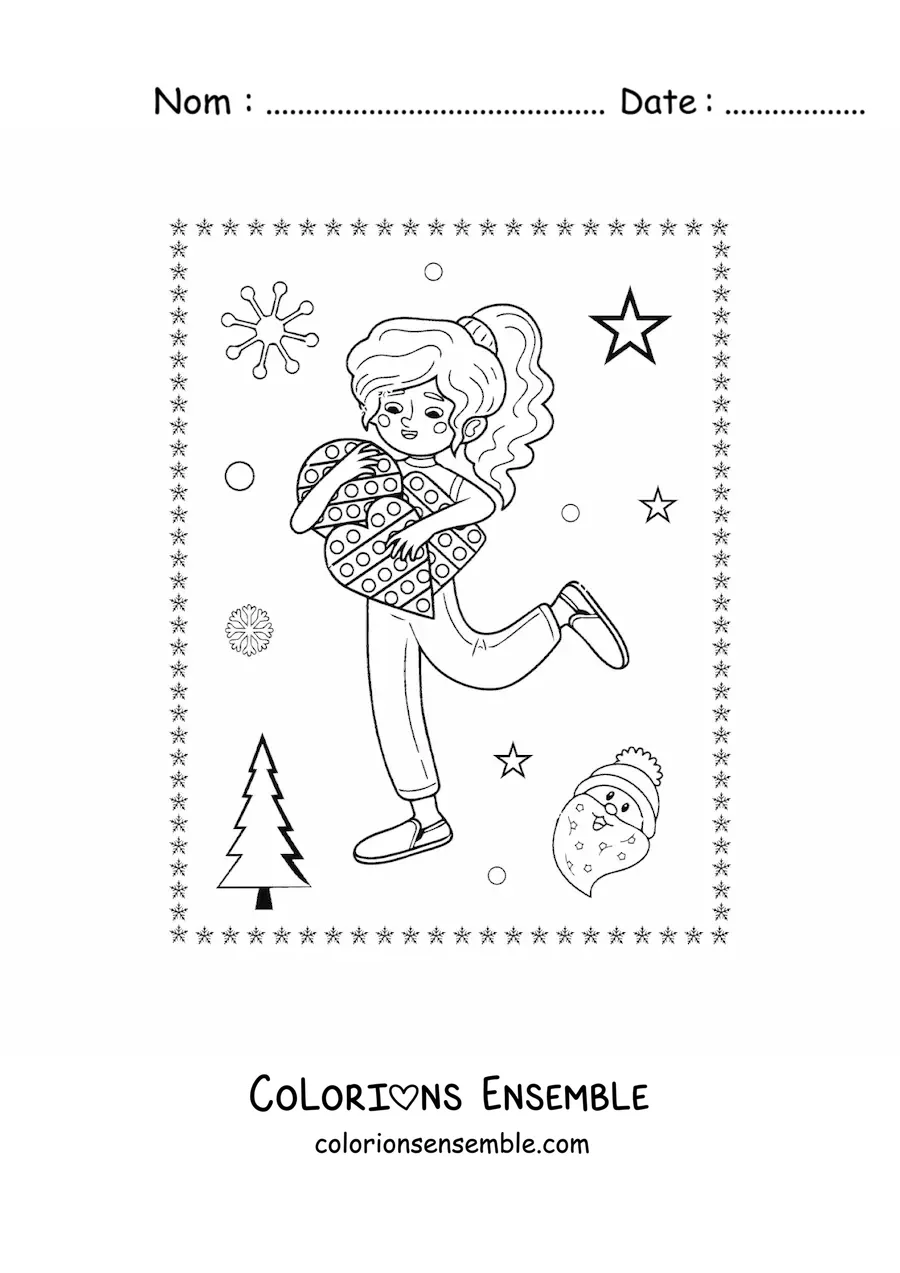 Image à colorier d'une fille avec ses jouets à Noël