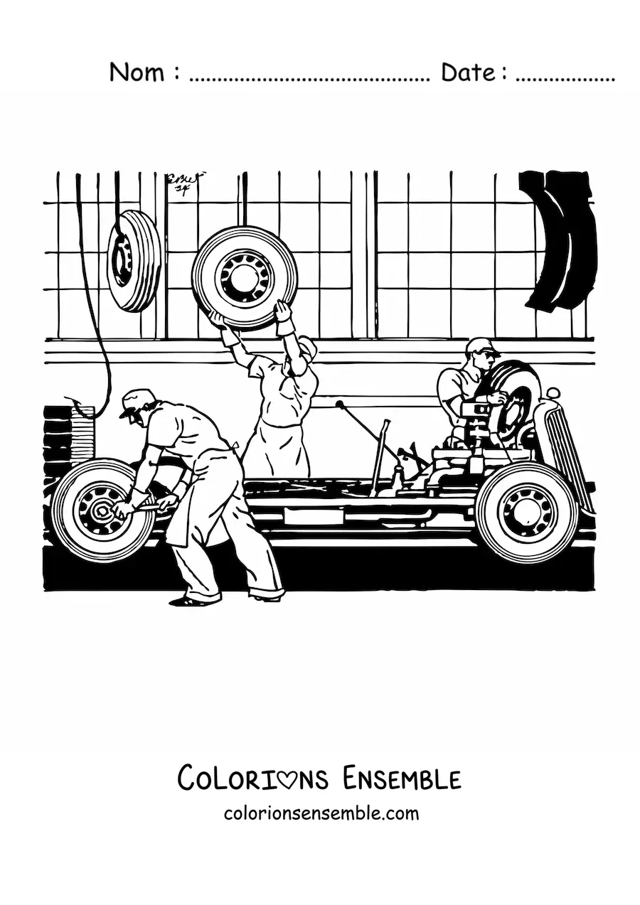 Image à colorier d’hommes assemblant une voiture dans une usine
