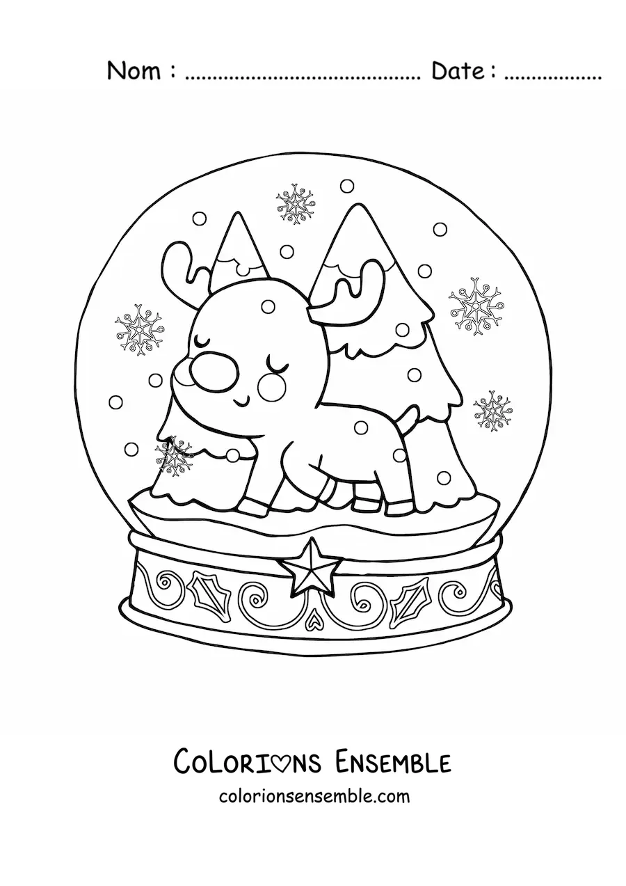 Image à colorier d'une boule à neige kawaii avec un renne