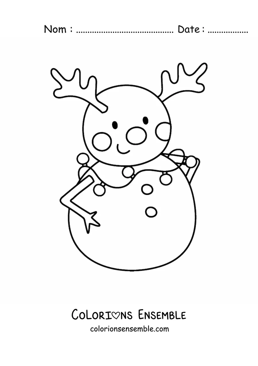 Image à colorier d'un bonhomme de neige déguisé en renne kawaii