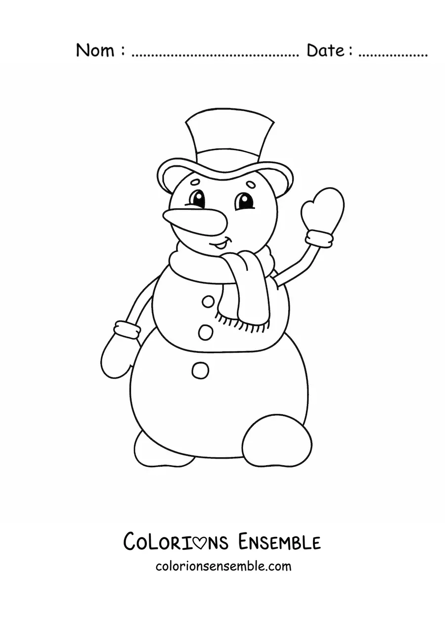 Image à colorier d'un bonhomme de neige animé avec un chapeau et une écharpe
