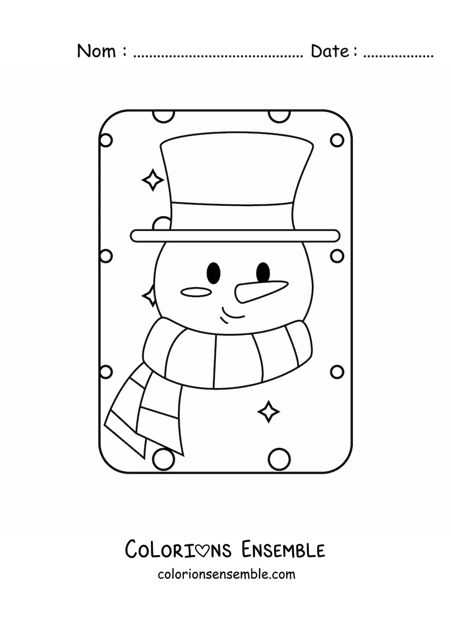 Image à colorier du visage d'un bonhomme de neige avec un chapeau et une écharpe