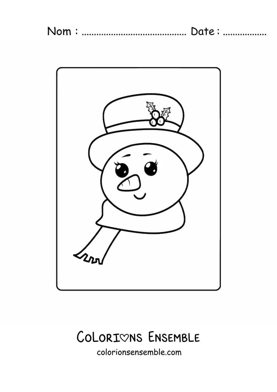 Image à colorier du visage d'un bonhomme de neige kawaii avec un chapeau et une écharpe