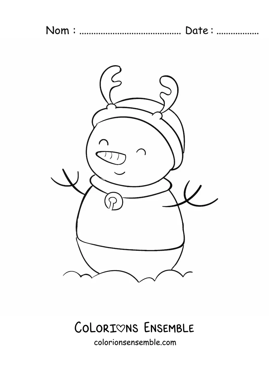Image à colorier d'un bonhomme de neige déguisé en renne