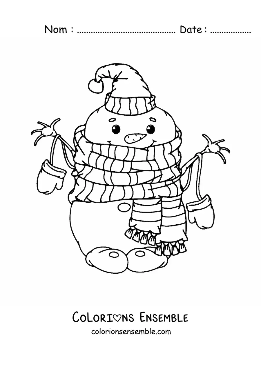 Image à colorier d'un drôle de bonhomme de neige avec une écharpe
