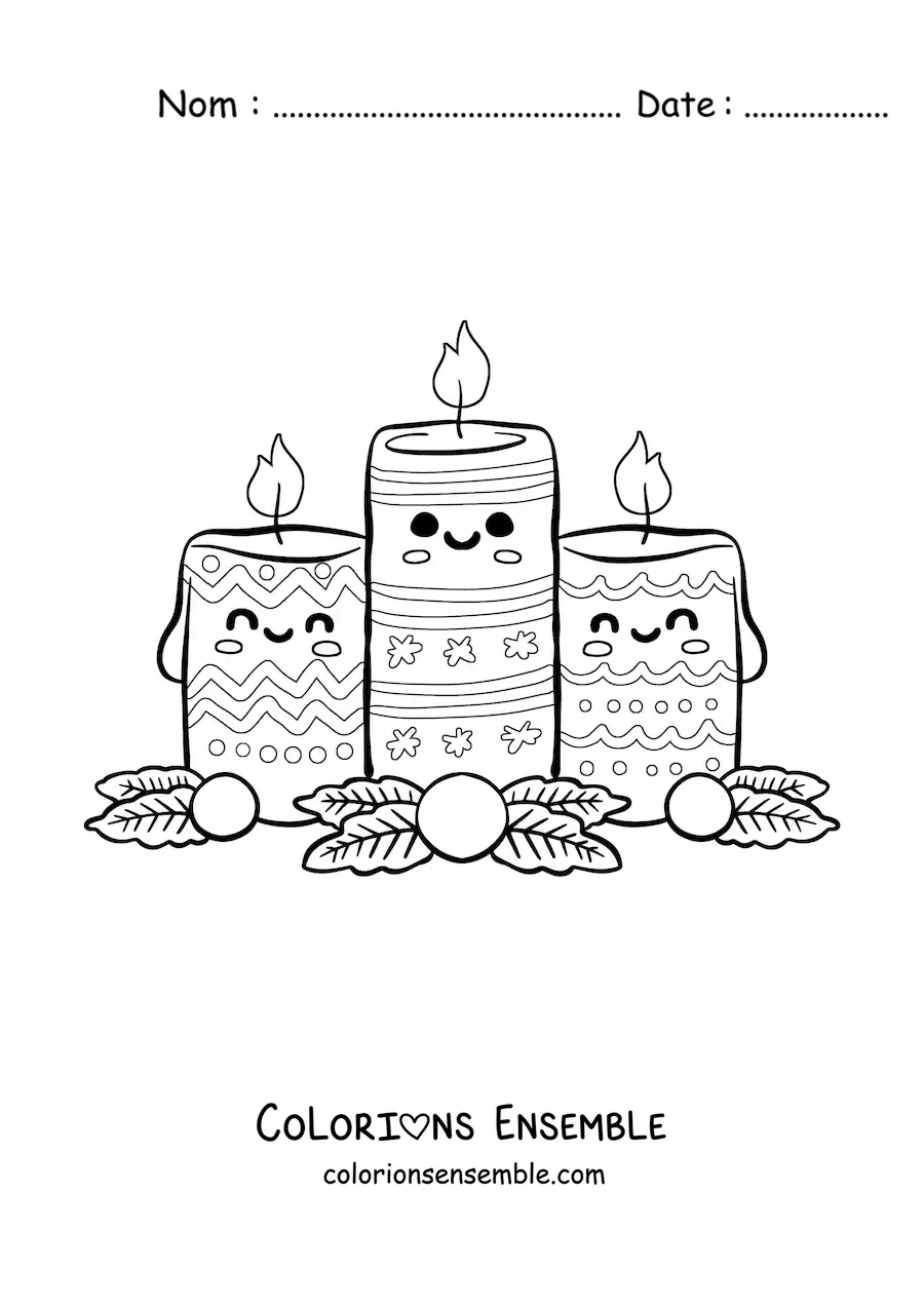 Image à colorier de bougies de Noël kawaii animées avec des motifs de Noël