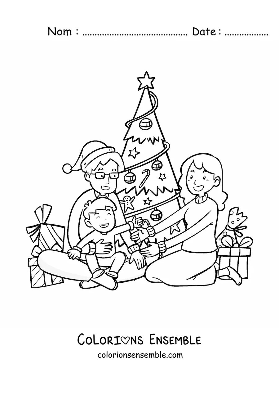 Image à colorier d'une famille réunie à Noël près du sapin