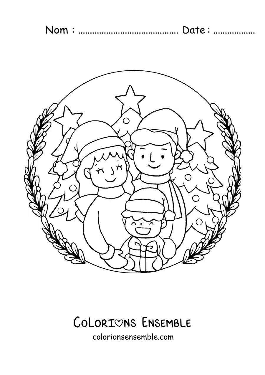 Image à colorier d'une famille de trois personnes dans la neige à Noël