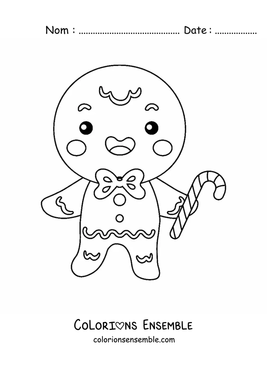 Image à colorier d'un bonhomme en pain d'épice kawaii avec une canne en sucre