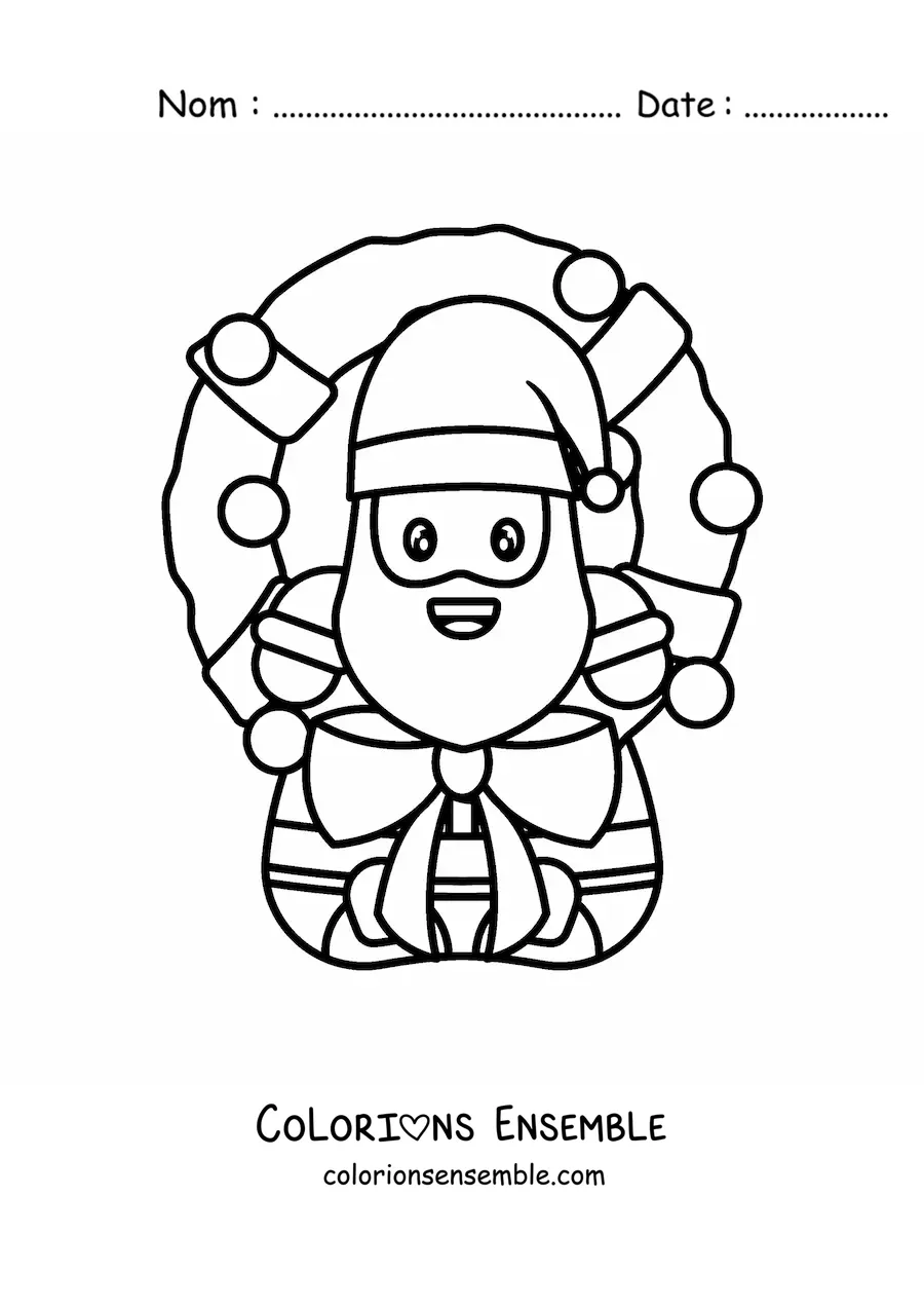 Image à colorier d'une couronne de Noël avec un Père Noël kawaii