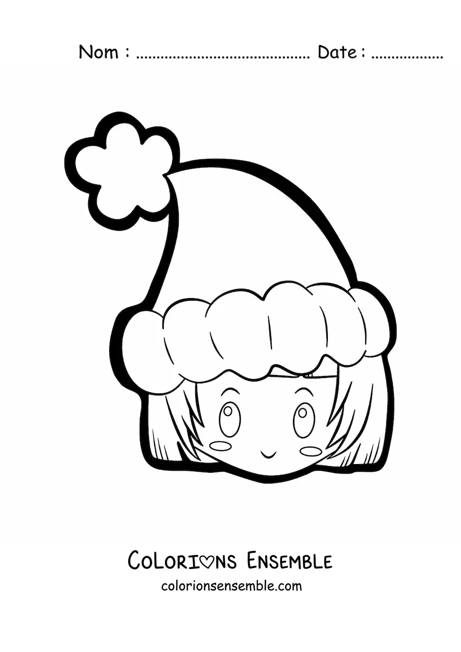 Image à colorier d'une fille kawaii avec un bonnet de Noël
