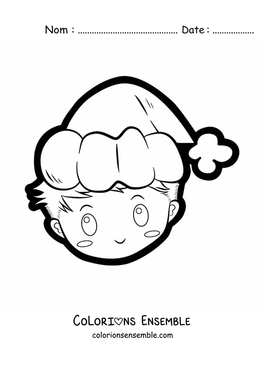 Image à colorier d'un garçon kawaii avec un bonnet de Noël