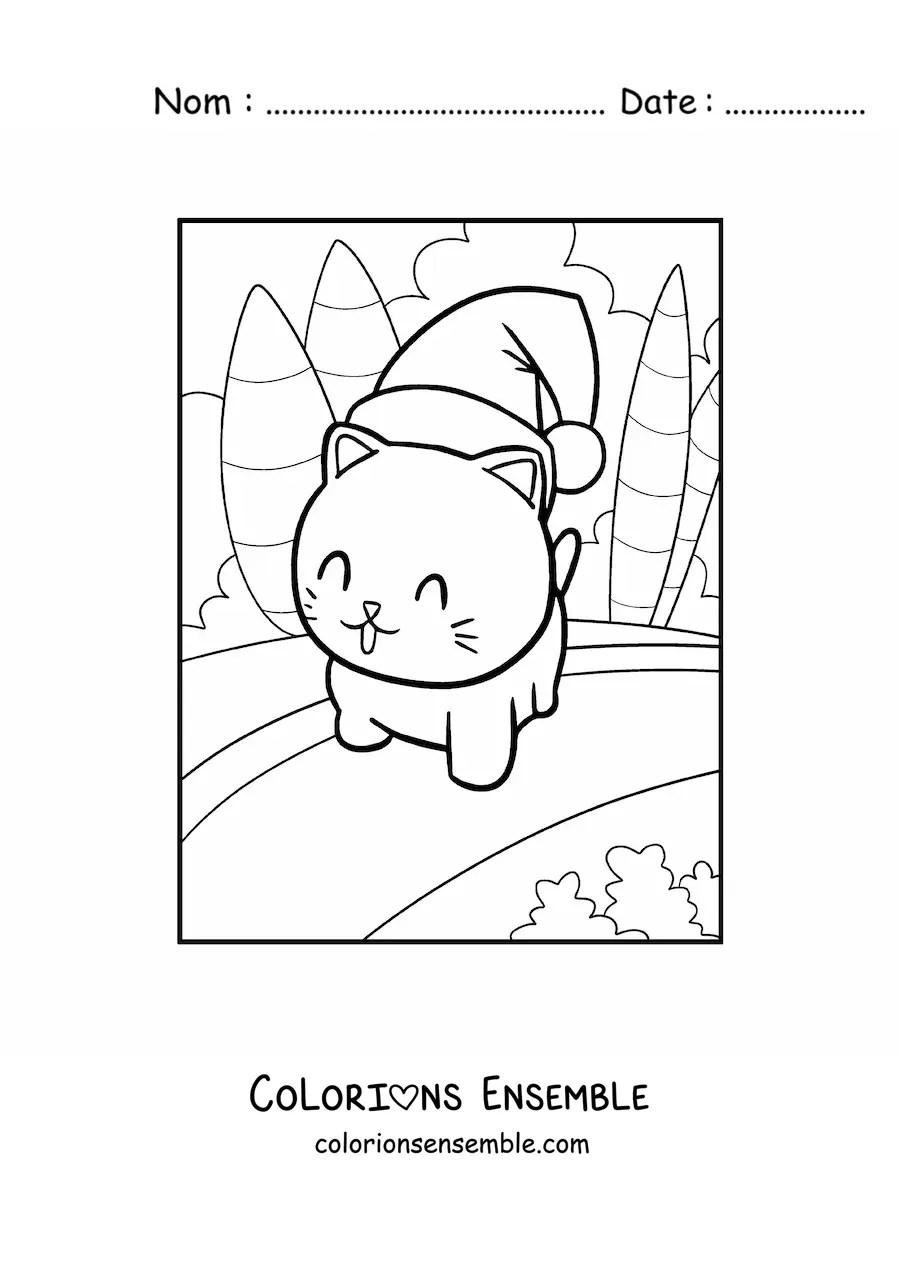 Image à colorier d'un chat kawaii avec un bonnet de Noël