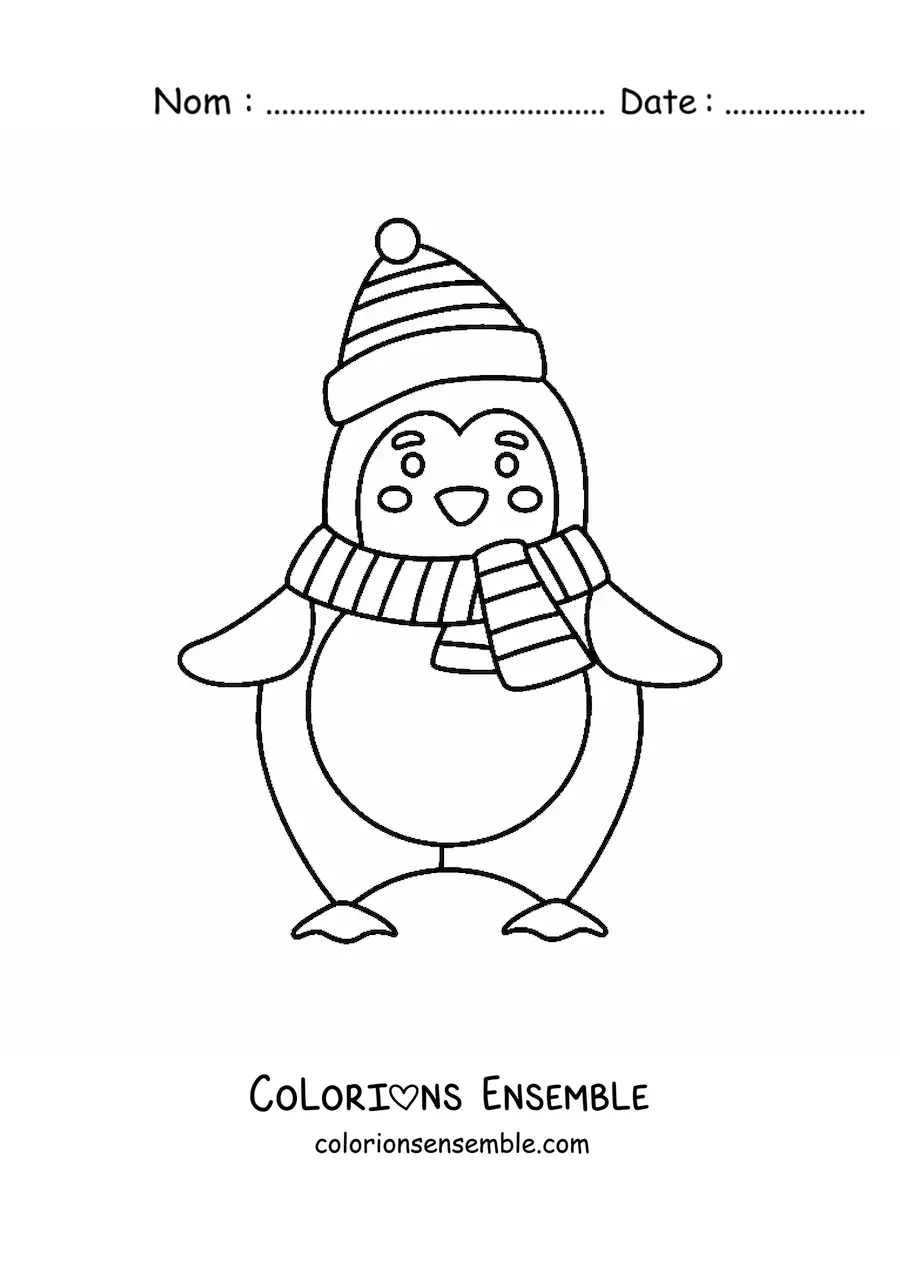 Image à colorier d'un pingouin kawaii avec un bonnet de Noël