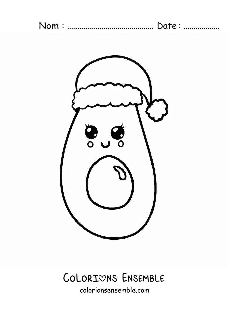 Image à colorier d'un avocat kawaii avec un bonnet de Noël