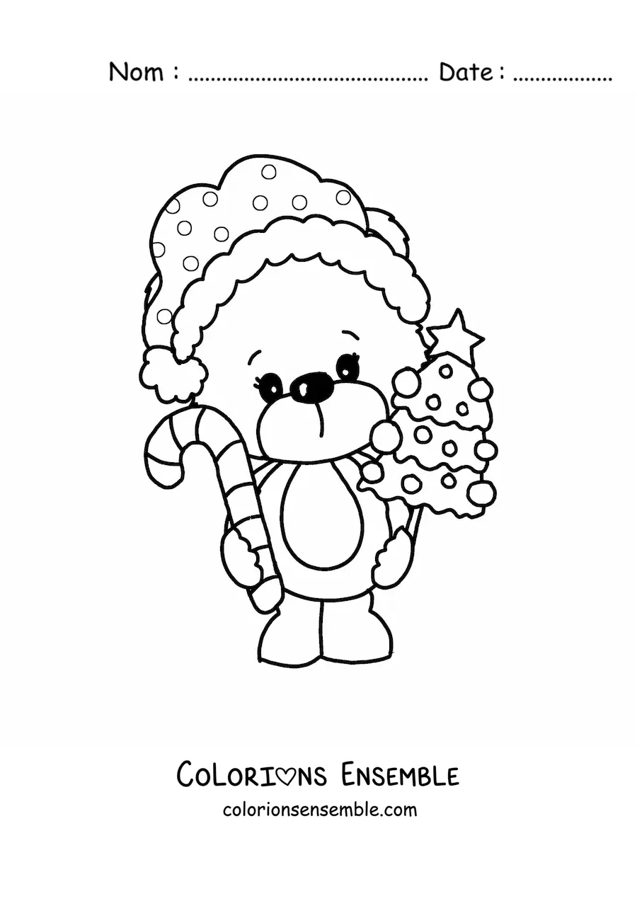 Image à colorier d'un ours de Noël avec un sapin et une canne en sucre