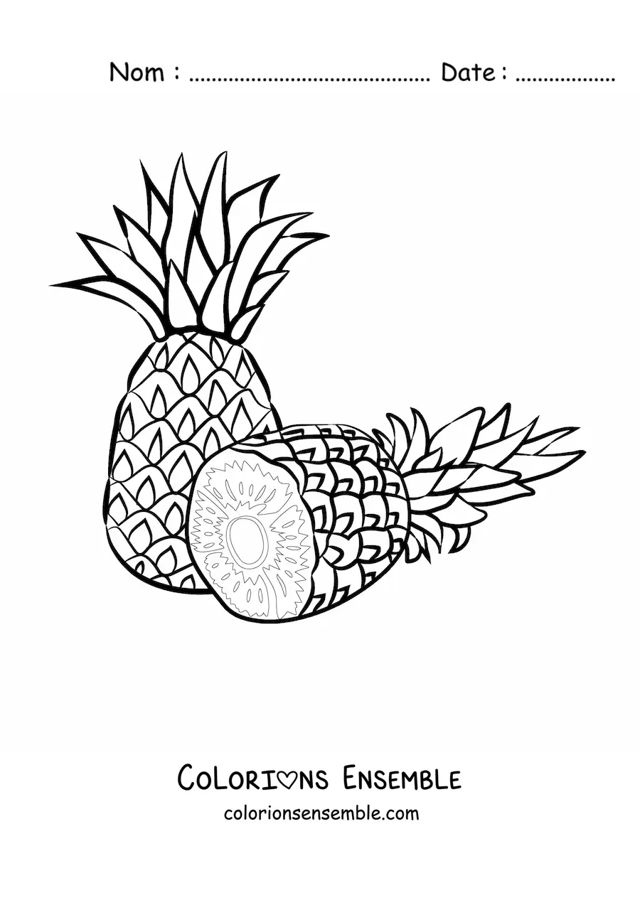 Image à colorier d'un ananas avec un autre ananas coupé en deux