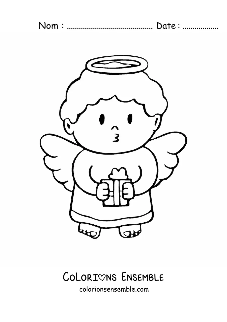 Image à colorier d'un ange de Noël avec un cadeau