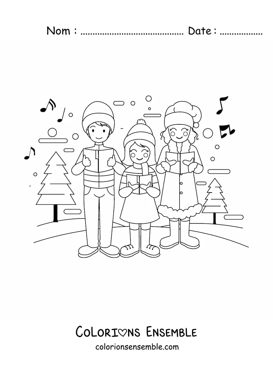Image à colorier d'une famille qui chante des chants de Noël