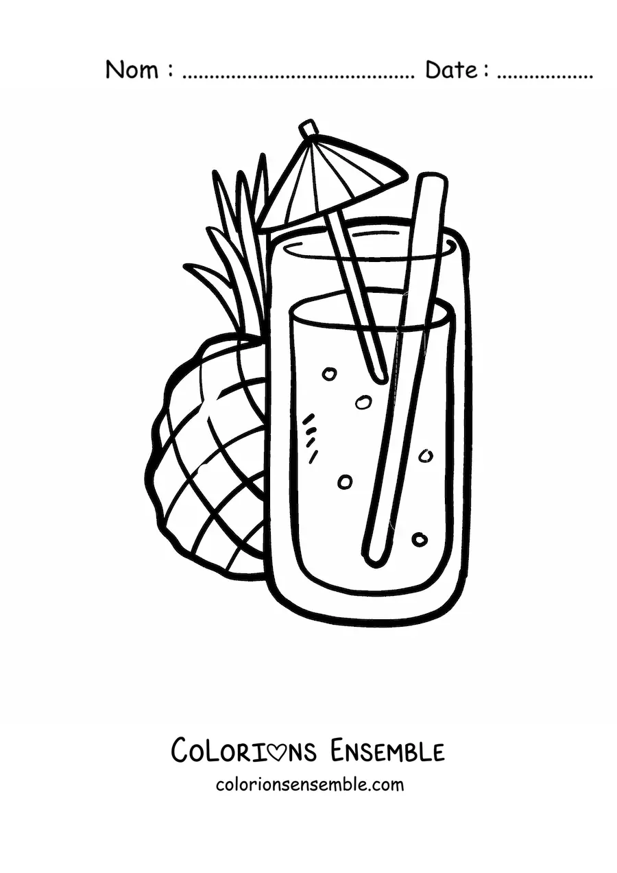 Image à colorier d'un jus d'ananas avec une ombrelle et un ananas au fond