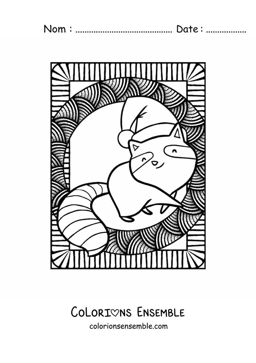 Image à colorier d'un raton laveur de Noël kawaii