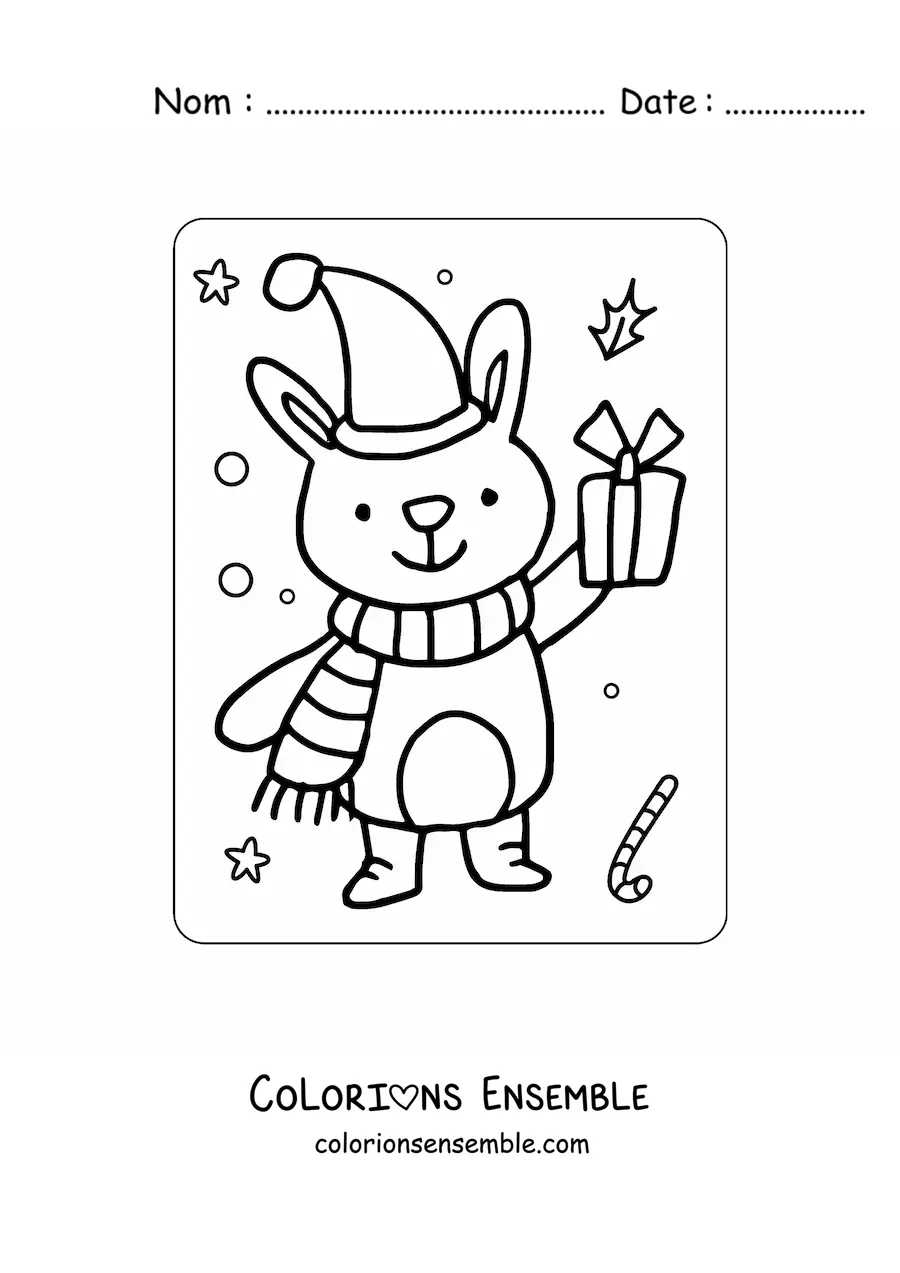 Image à colorier d'un lapin de Noël avec une écharpe