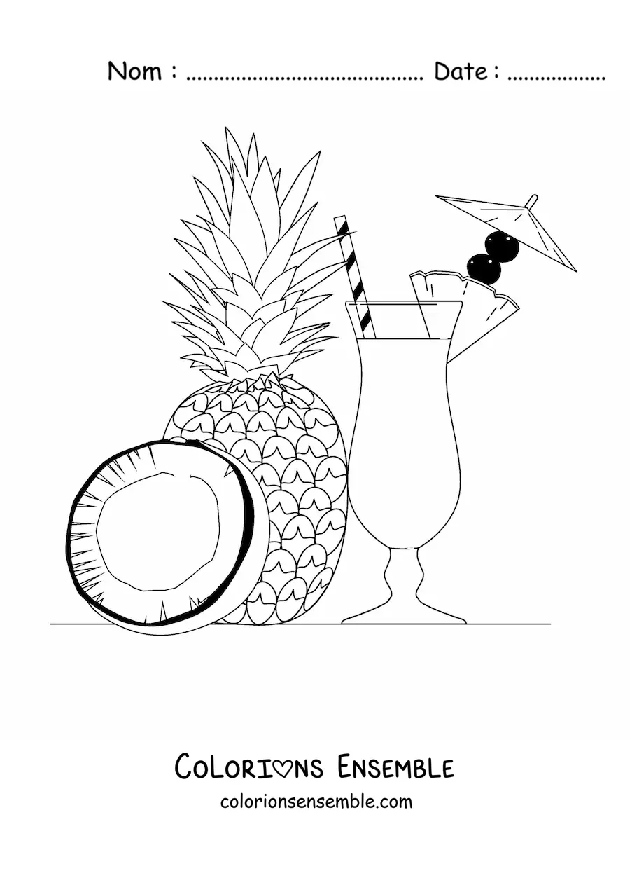 Image à colorier d'une piña colada avec un ananas à côté et un morceau de noix de coco